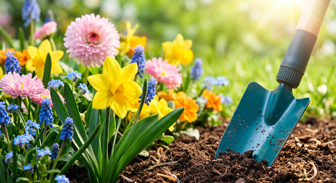 Spring flowers in the garden with soil and shovel. Gardening in springtime.