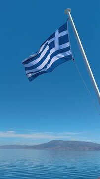 A Greek flag on a ferry in the Aegean Sea in Greece