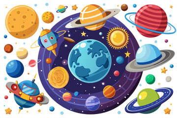 Planets and Astronauts in Space with Colorful Cosmic Elements and Stars Featuring Cosmos, Solar System, Exploration with Galaxy © md