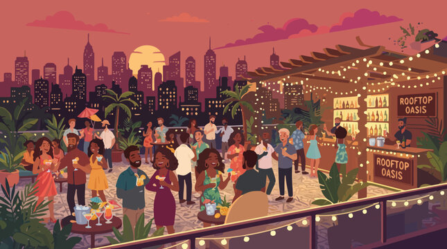 Rooftop party with people socializing at sunset over city skyline with string lights and food stand