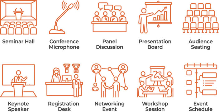 Professional conference and seminar event line icon set for corporate business meetings.