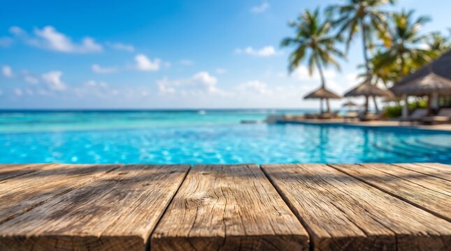 Empty wooden table top background for summer luxury resort swimming pool blurred beach holiday product display scene