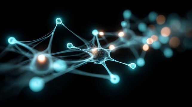 Abstract glowing neural network structure with light nodes. Futuristic science, technology, and medical biotechnology background