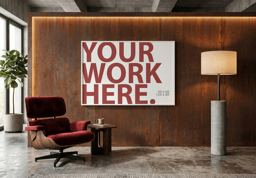 Horizontal poster frame Mockup on a metal rust wall in brutal interior