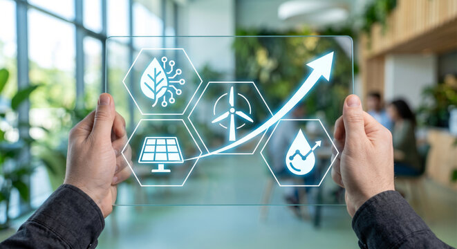Business professional holding transparent screen with renewable energy icons showing growth trends in modern office setting for sustainability concept