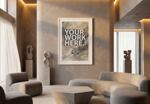 Vertical poster frame Mockup on a wall in living room with a sofa and art objects