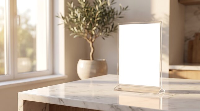 Blank Acrylic Table Tent Mockup on Marble Countertop in Modern Bright Kitchen for Restaurant Cafe Menu Signage Display