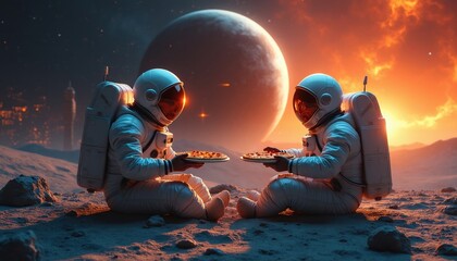 Obraz premium Two astronauts sit on lunar surface sharing pizza slices. Distant planet and fiery orange sky create a surreal scene. Space explorers enjoy meal outside spaceship.