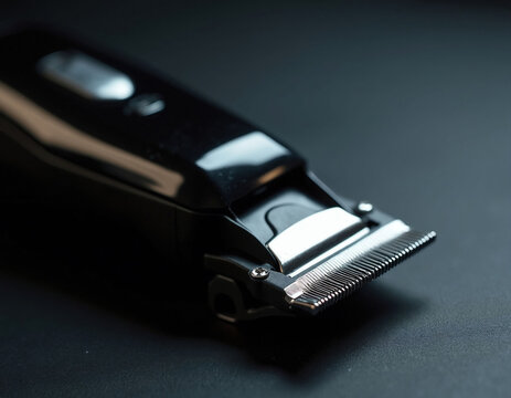 Close-up of black wireless hair clipper with sharp metal blades. Pro barber tool on dark textured surface. Modern haircut device ready for use. Sharpness detail.