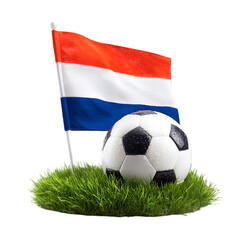 Fototapeta premium Netherlands soccer concept a wet soccer ball resting on artificial turf with a waving dutch flag backdrop