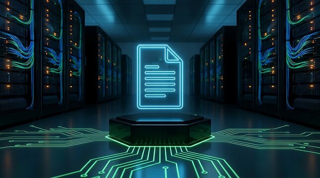 Digital document icon glowing neon in server room representing data storage cloud computing security and information technology infrastructure.