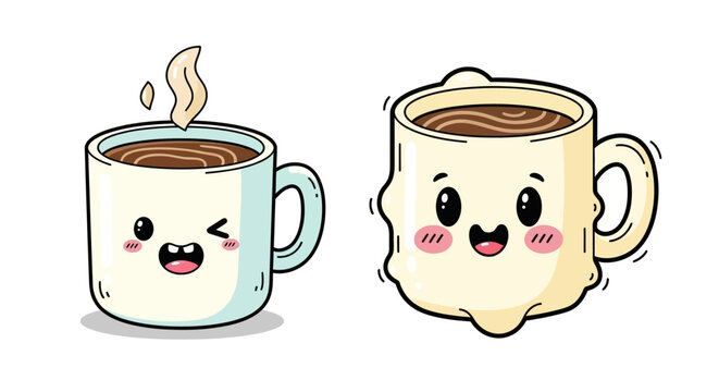 Two cute kawaii style coffee cups with happy expressions and blushing cheeks, adorable illustrated mugs filled with hot coffee and steam