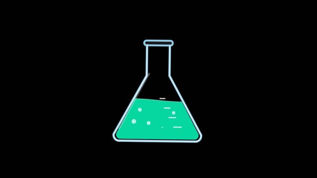 Erlenmeyer flask with bubbling green liquid animation showing a simple scientific laboratory container for chemical experiments in motion video clip