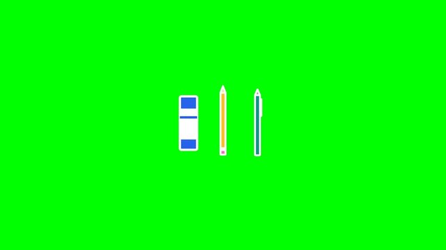 Minimalist stationery icons featuring a blue eraser yellow pencil and teal pen displayed in a clean simple motion video