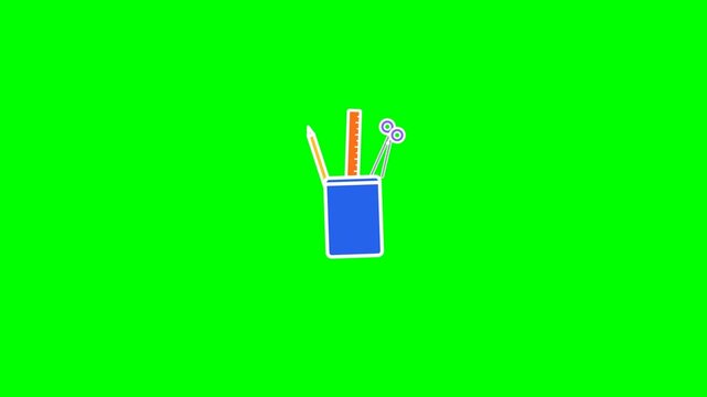 Minimalist stationery holder containing essential school supplies illustrated in a simple flat style for educational digital motion graphic video clip