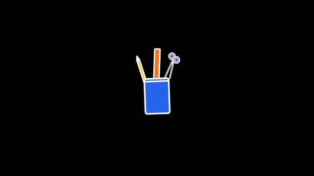 Blue pencil holder containing orange ruler and yellow pencil with silver scissors in this minimalist animated video motion graphic clip