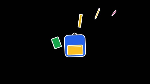 Blue backpack with school supplies floating in a colorful digital animation video clip featuring simple flat vector graphic style