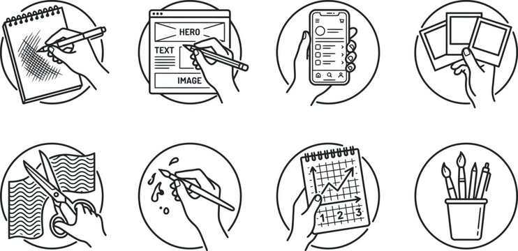 Website browser layout and smartphone interface set, simple line art content creator collection, hand sketching notebook, holding instant photo frames vector