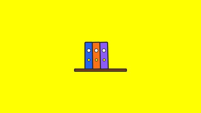 Three colorful ring binders stand neatly on a wooden shelf in this simple digital animation motion clip for projects