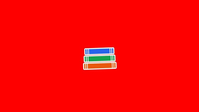 Minimalist stack of three vibrant colorful books centered in this dynamic motion video clip featuring clean flat vector graphic design