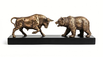 Fototapeta premium 3D Render of Miniature Bronze Bull and Bear Statues Facing Each Other, Stock Market Concept