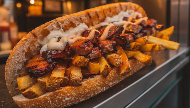 Belgian Mitraillette Sandwich Loaded with Fries Close Up