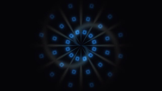 Spinning blue shapes create a dance of light and shadow