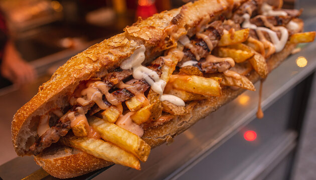 Belgian Mitraillette Sandwich Loaded with Fries Close Up