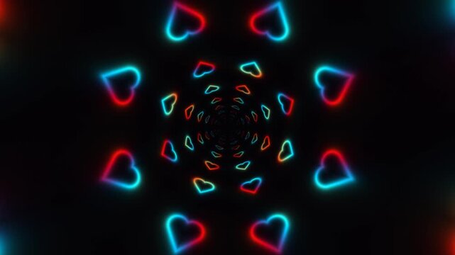 Colorful heart shapes glowing in a tunnel of light