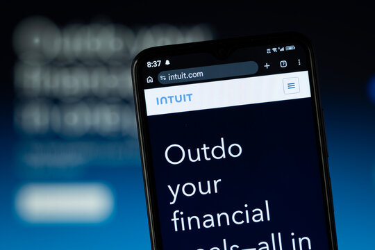 Dhaka, Bangladesh - 05 May 2026: Close-up of Intuit's homepage on a smartphone.