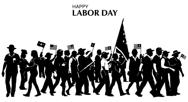 Labor day parade illustration diverse crowd with american flags black silhouette style