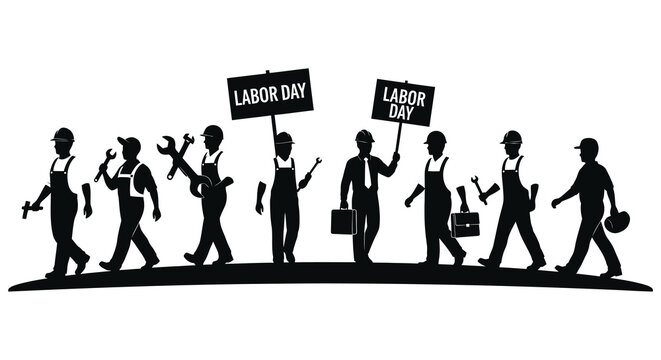 Labor day parade silhouette diverse workers marching with signs celebrating american holiday