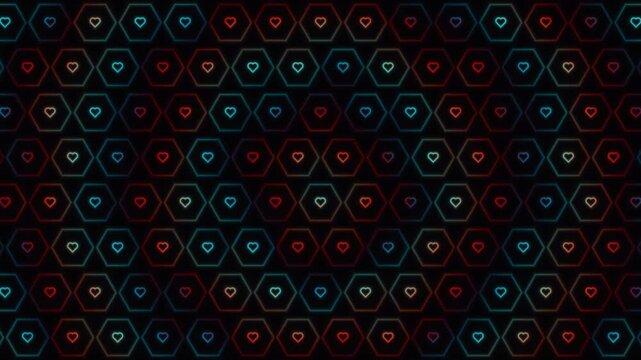 Colorful hexagonal patterns with heart shapes on dark background