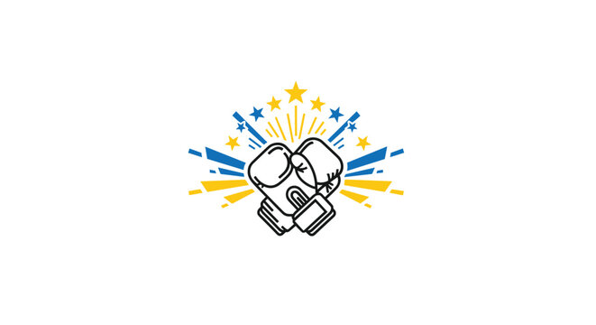 Crossed boxing gloves with stars and abstract explosive shapes in colors of Ukrainian flag on white background.