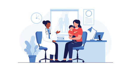 Fototapeta premium Friendly female doctor in a clinic discussing with a mother holding her young child during a medical checkup.