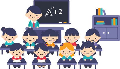 Cute cartoon children learning in a classroom with teacher and blackboard © sidik