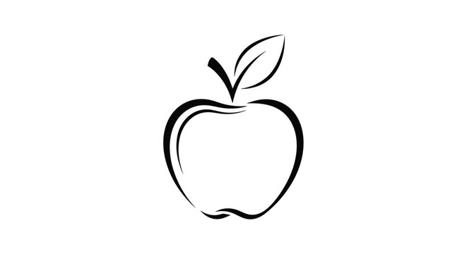 Minimal black ink brush outline of a fresh organic apple with green leaf isolated on clean white background vector.
