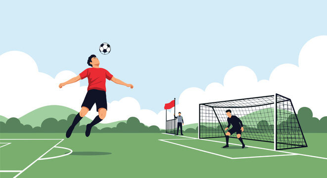 Soccer player heading a ball during a match on the grass field against a goalkeeper defending the goal net.
