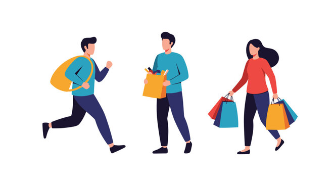 Group of active shoppers including a man running, another carrying groceries in a bag, and a woman with shopping bags.