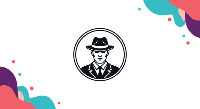 Circular logo icon of a mysterious secret agent detective wearing a classic fedora hat and elegant black suit.