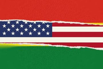 Fototapeta premium Layered Ripped Paper Art Unveiling United States and Bolivia National Flags on Textured Red Background