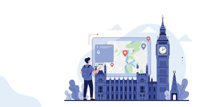 Young tourist using a digital tablet to search location map while big ben tower is visible on the background.