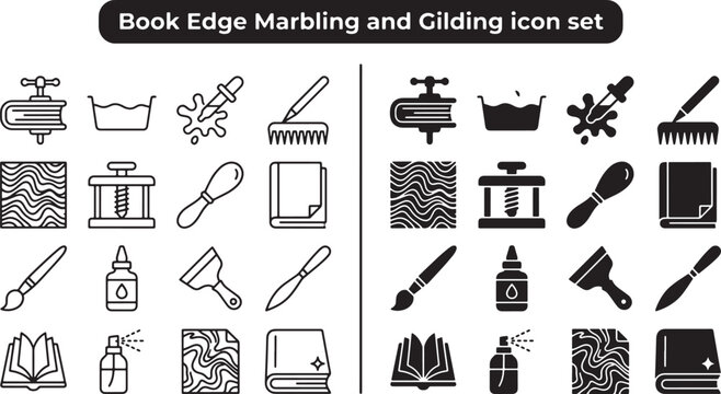 Book edge marbling and gilding icon set featuring tools and techniques for traditional bookbinding and paper decoration