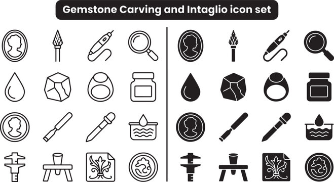 Gemstone carving and intaglio icon set featuring jewelry making tools and cameo designs in vector format