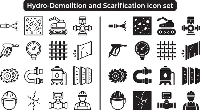 Hydro demolition and concrete scarification icon set featuring industrial construction equipment and maintenance tools in vector style