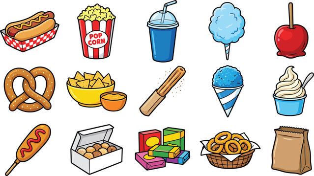 Fast Food and Snack Icon Collection with Hot Dog Popcorn Pretzel Cotton Candy Ice Cream Candy Apple and Cinema Treats