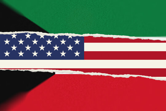 United States Flag Revealed Beneath Ripped Kuwaiti Flag Symbolizing International Relations and Cooperation
