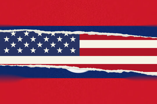 Digital Artwork Juxtaposing the United States Flag and Laos Pdr Flag Elements with a Dynamic Torn Paper Effect on a Textured Background