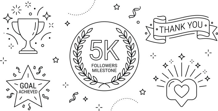 Social Media 5K Followers Milestone Icon Set with Trophy Star and Ribbon