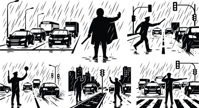 Pedestrian directing traffic at a busy intersection